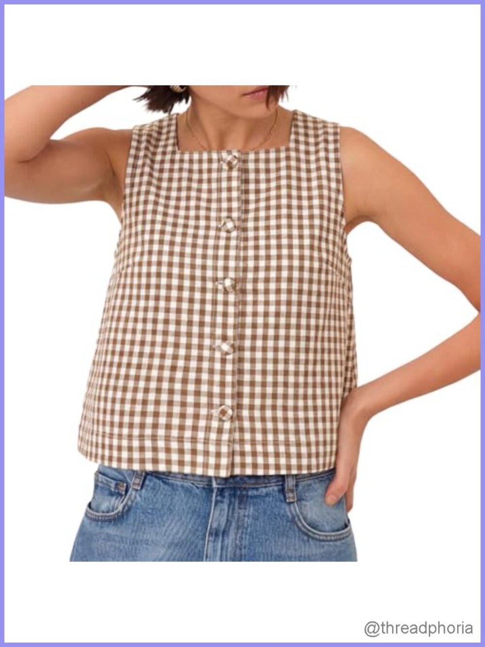 Women's Sleeveless Crop Top Square Neck Cotton Gingham Tank